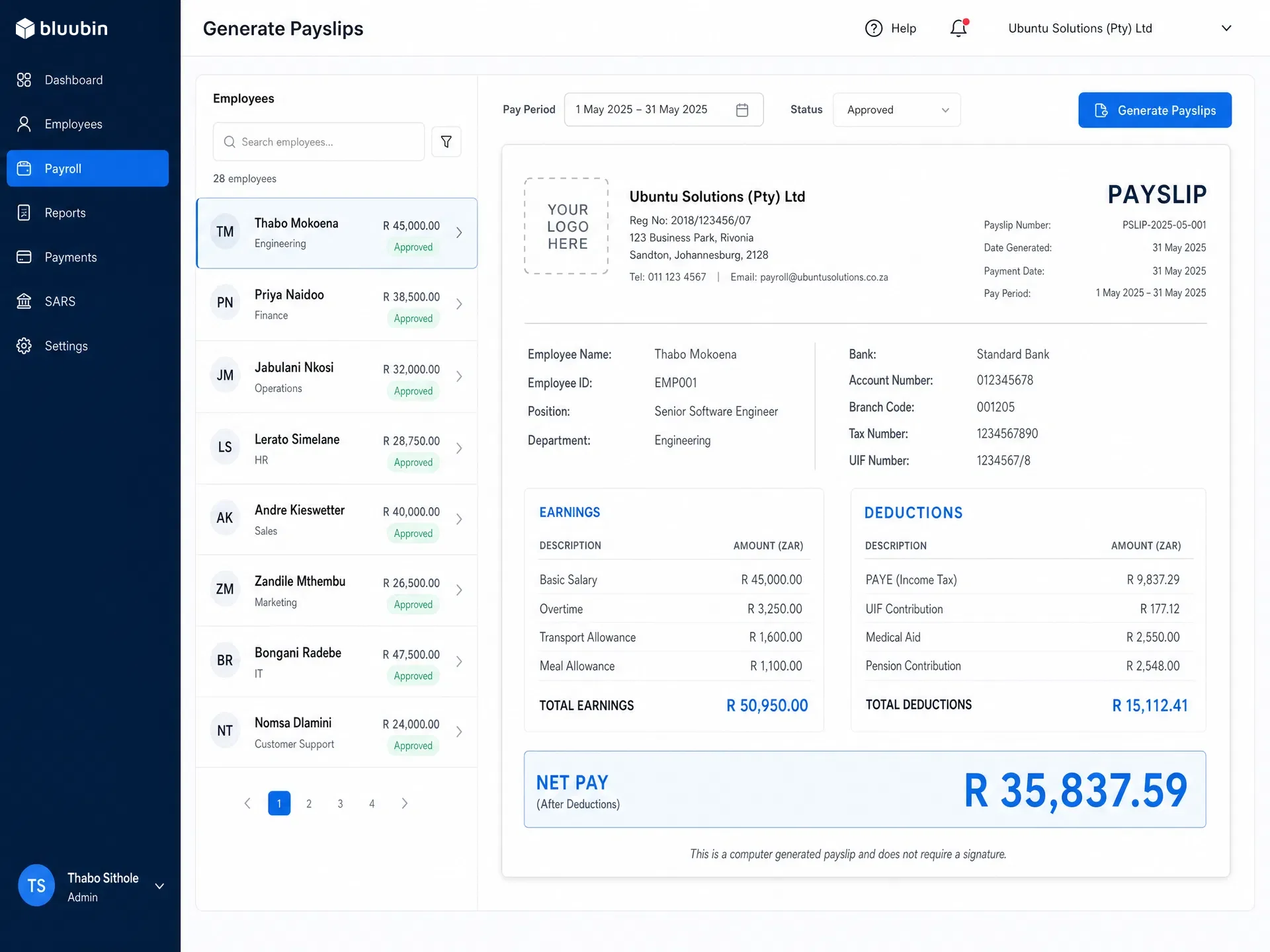 Bluubin payroll interface